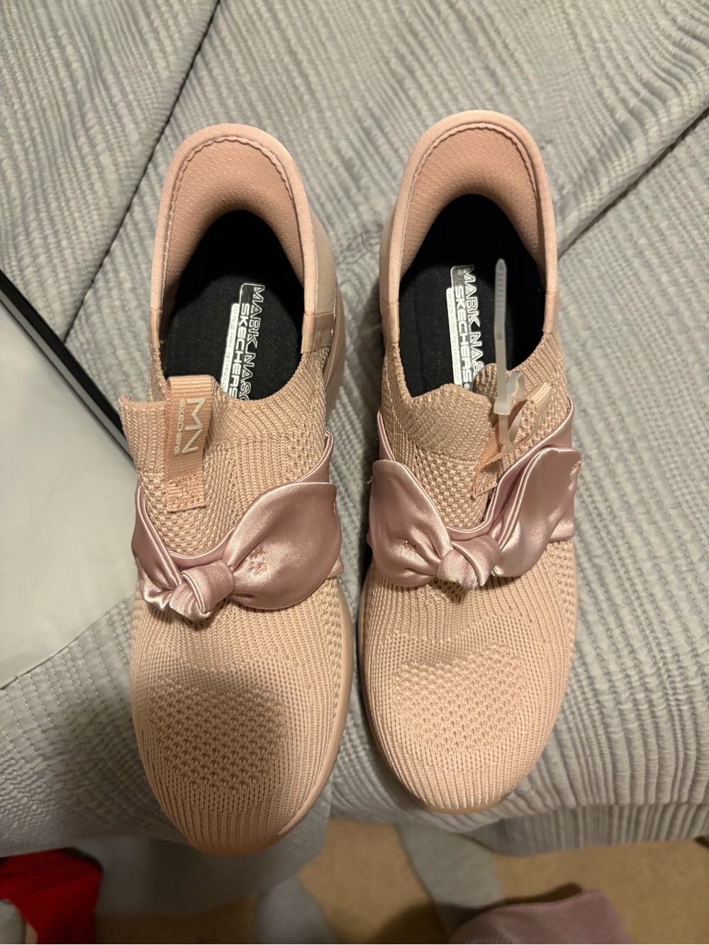 Skechers Pink Knit Slip-On Sneakers with Satin Bow